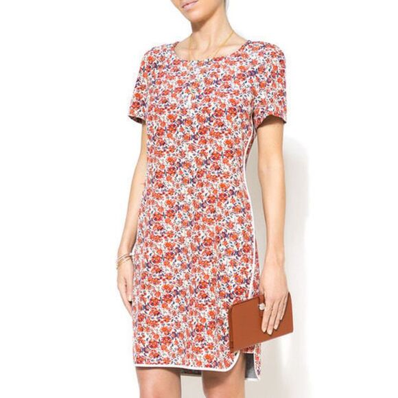 REBECCA TAYLOR Sweet William Red Beige Floral Print Shift Mini Dress Size 4 - Picture 1 of 10